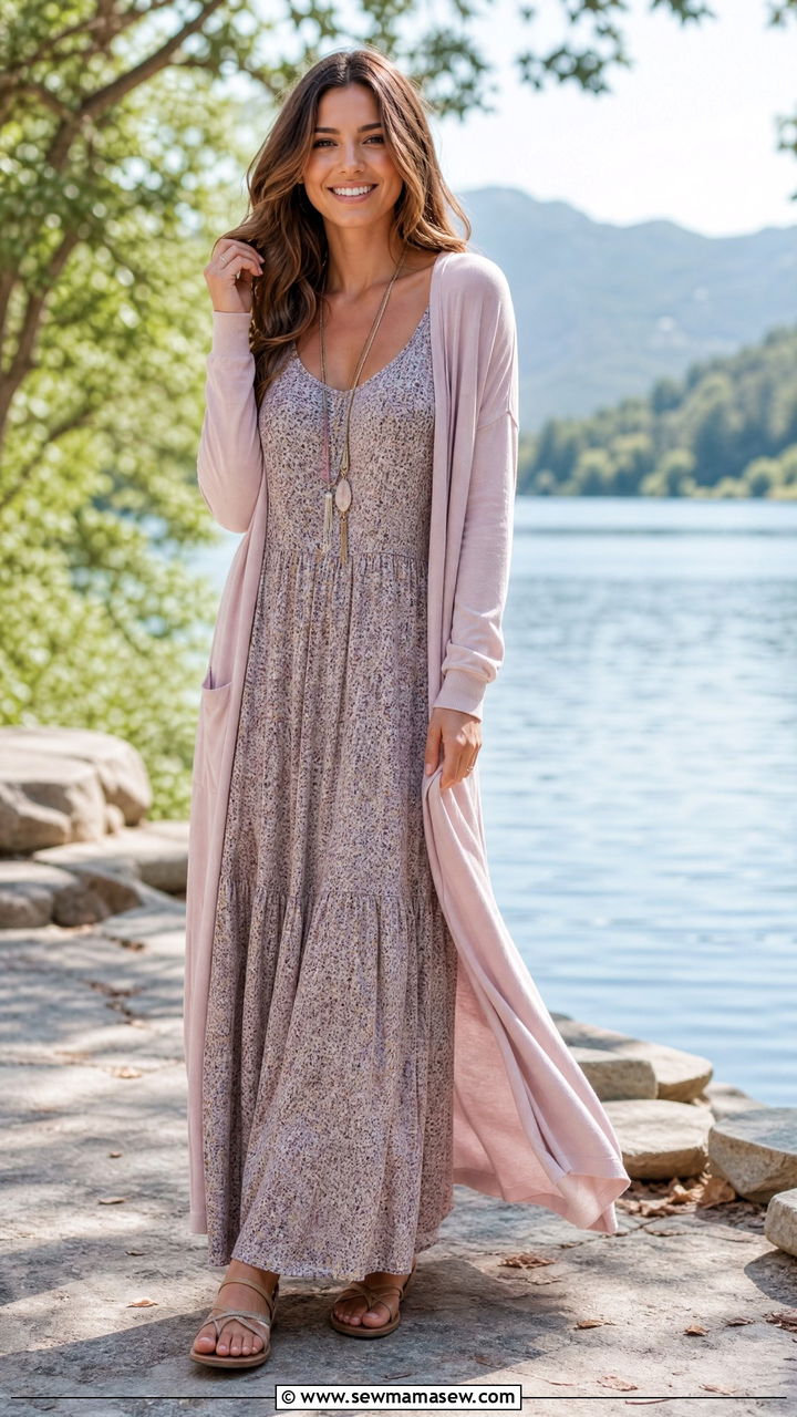 Flowy Maxi Dress with Long Lightweight Cardigan - 30 summer modest outfit ideas