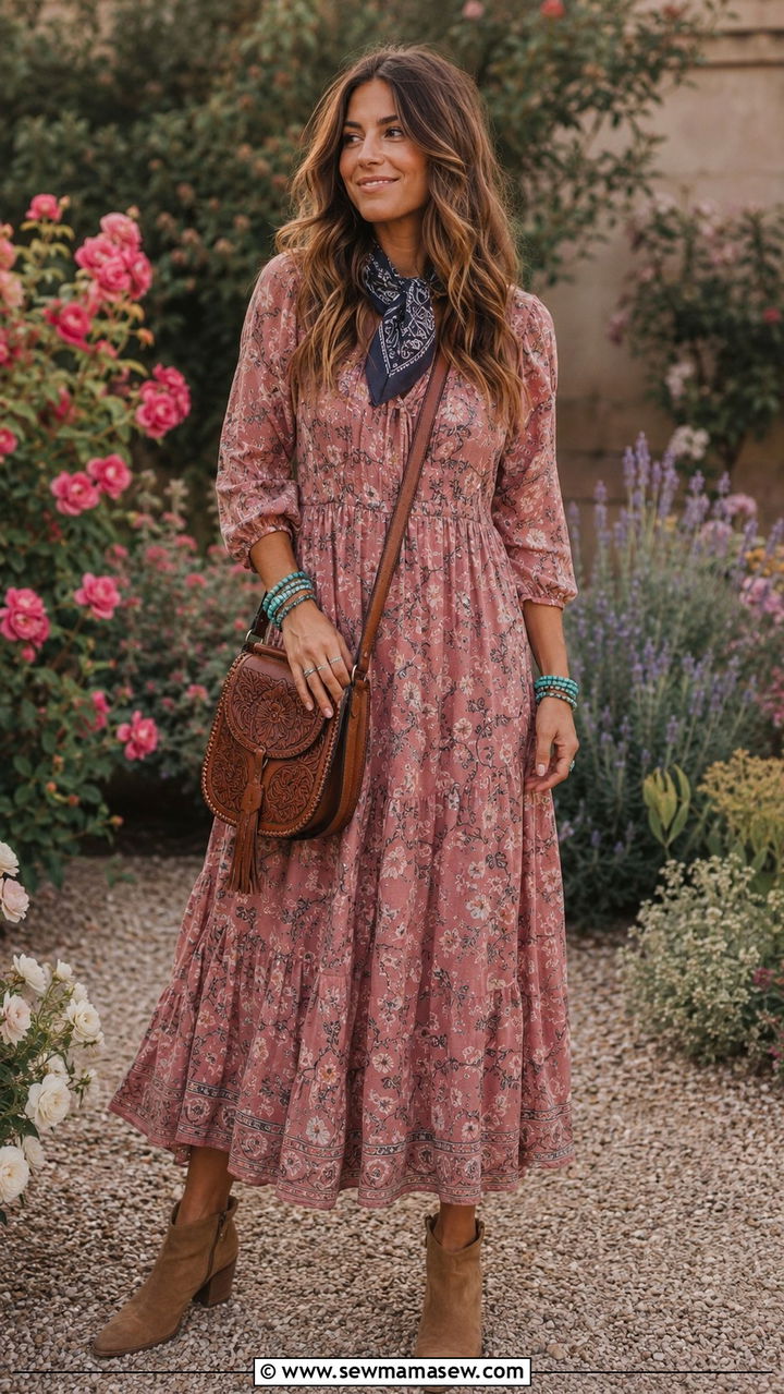 Flowy Maxi Dress with Paisley Bandana Necktie and Suede Boots - 20 Western outfit ideas with paisley bandana