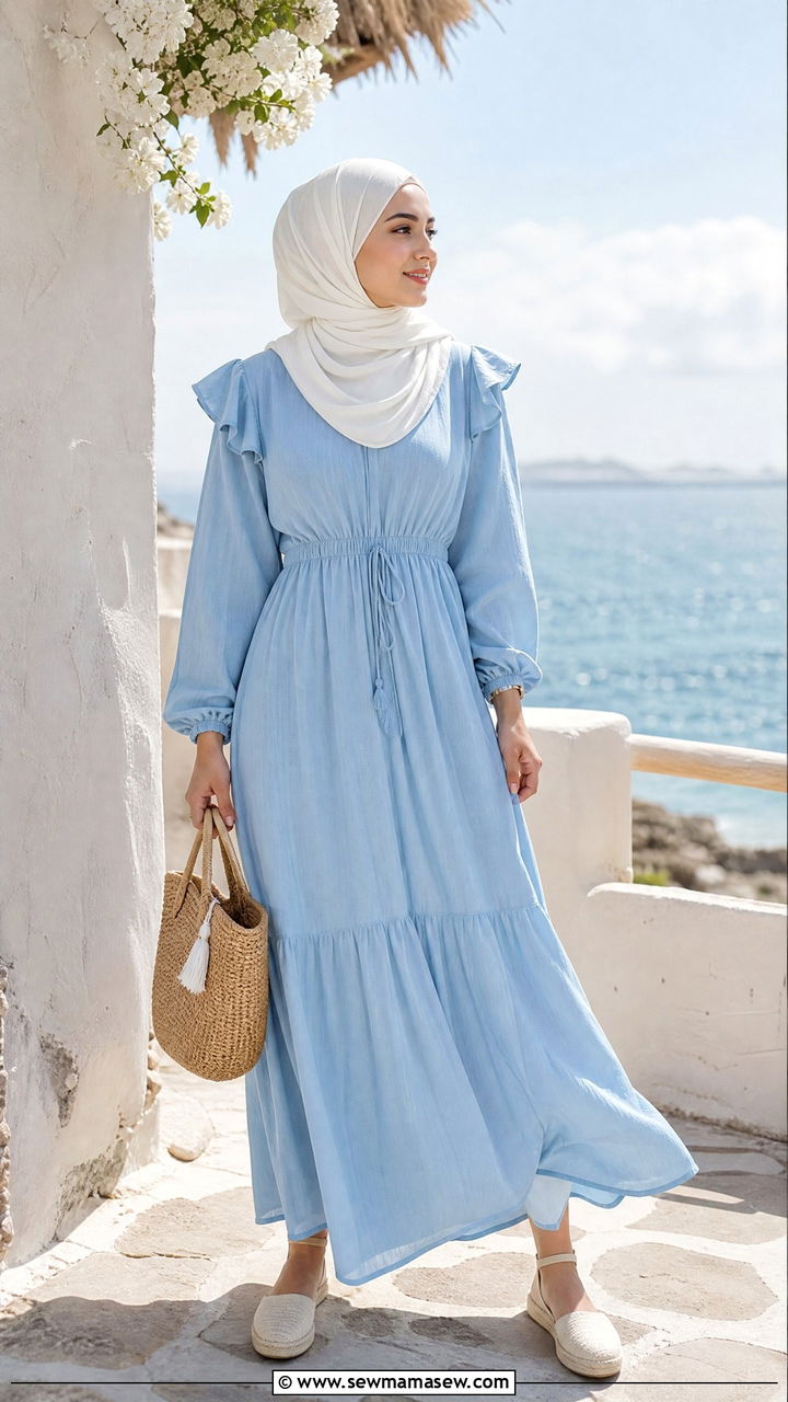 Flowy Maxi Dress with Straw Bag and Espadrilles - 25 casual outfits for hijab women