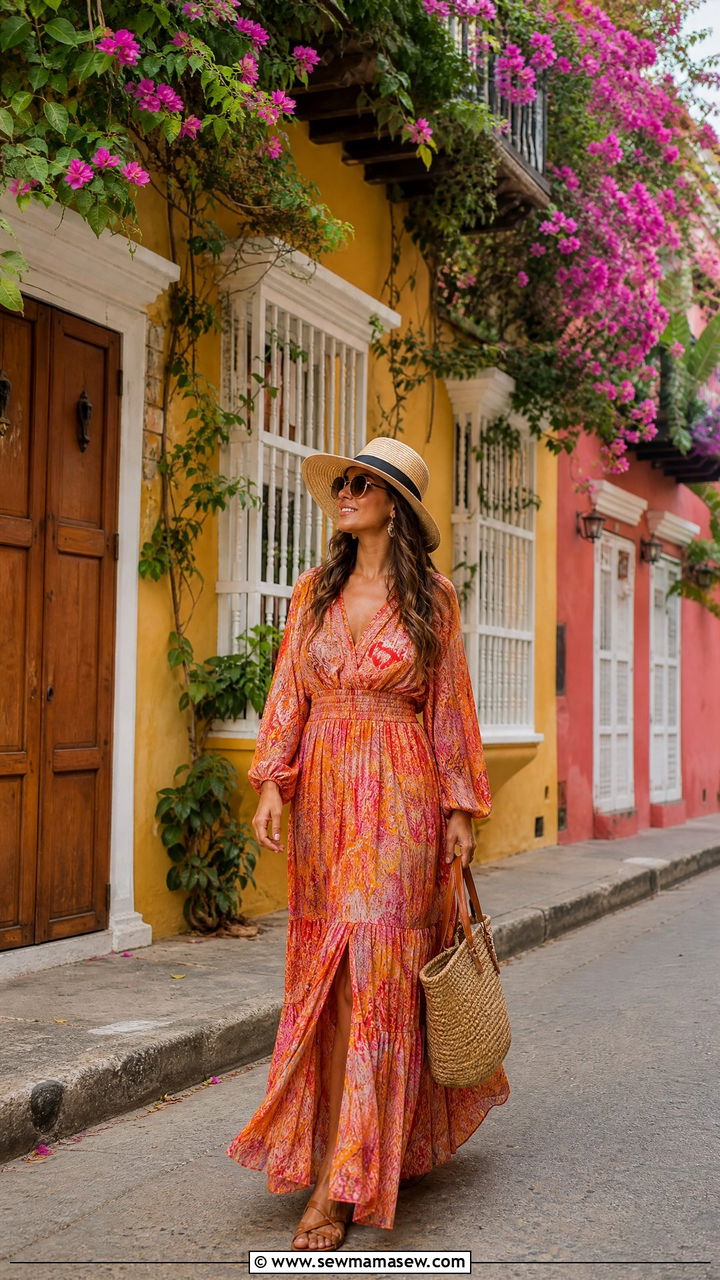 Flowy Maxi Dress with Straw Hat - 25 Cartagena outfit ideas