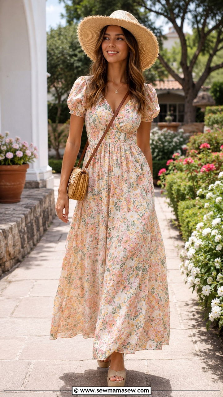 Flowy Maxi Dress with Straw Hat and Espadrille Wedges - 20 Spring outfits for 90 degree weather