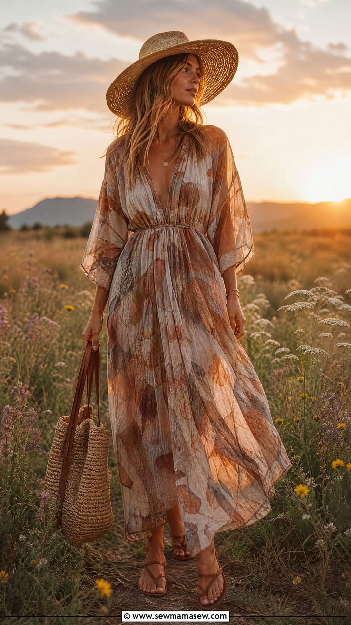 Flowy Maxi Dress with Straw Hat and Flat Leather Sandals - 35 French girl summer outfit ideas