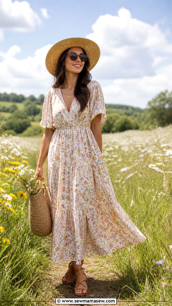 Flowy Maxi Dress with Straw Hat and Flat Sandals - 40 Spring weekend outfit ideas