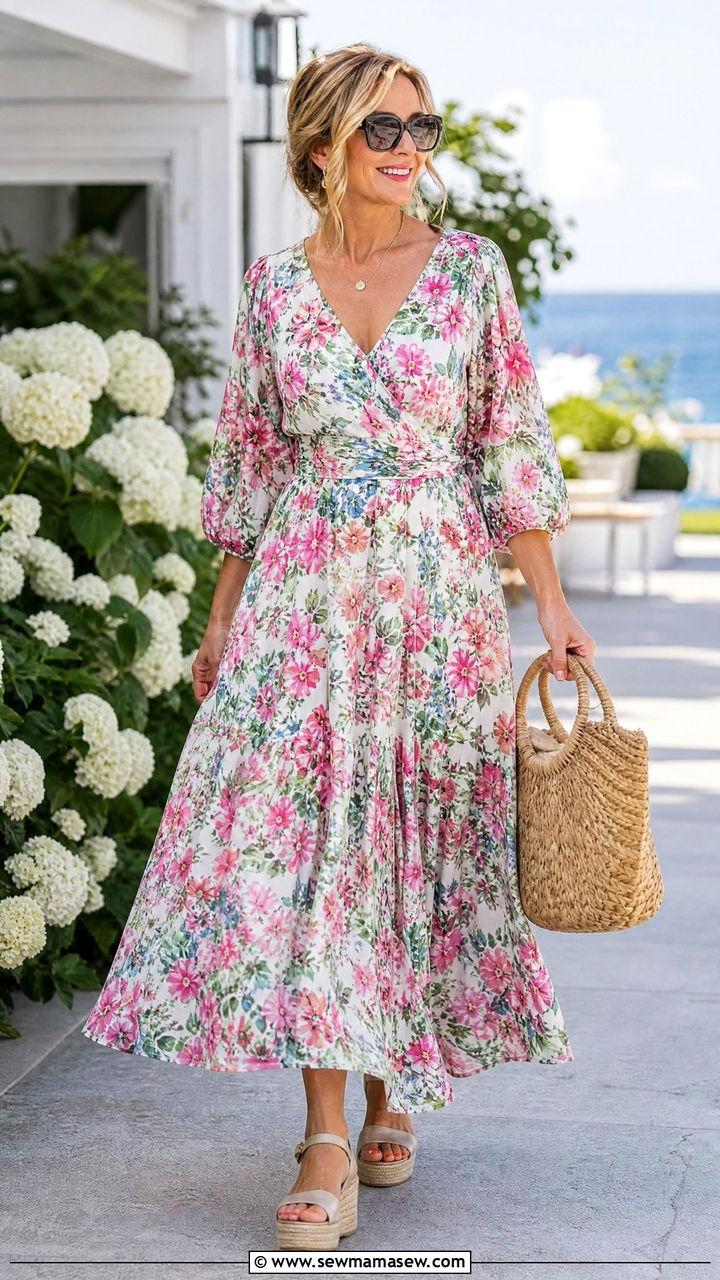 Flowy Maxi Dress with Wedge Sandals - 30 Sophisticated outfit ideas for women over 40