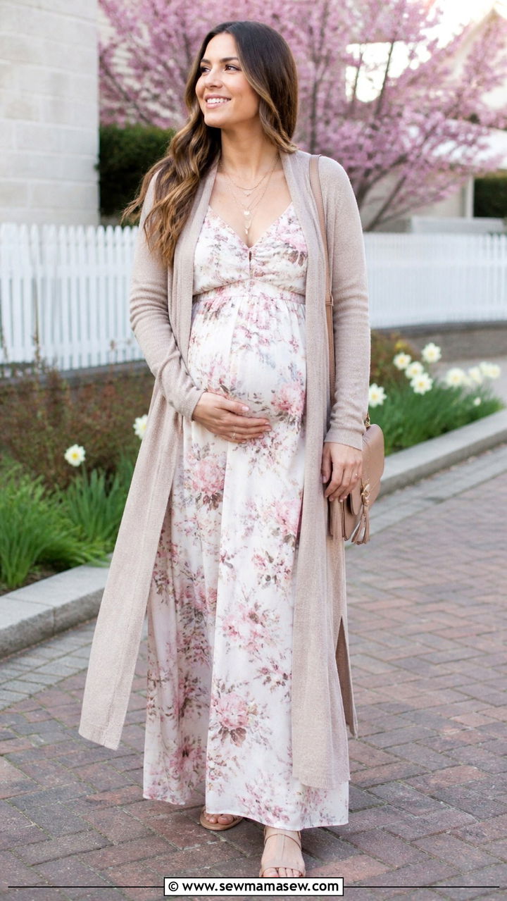 Flowy Maxi Dress with a Duster Cardigan - 40 Spring baby shower outfits