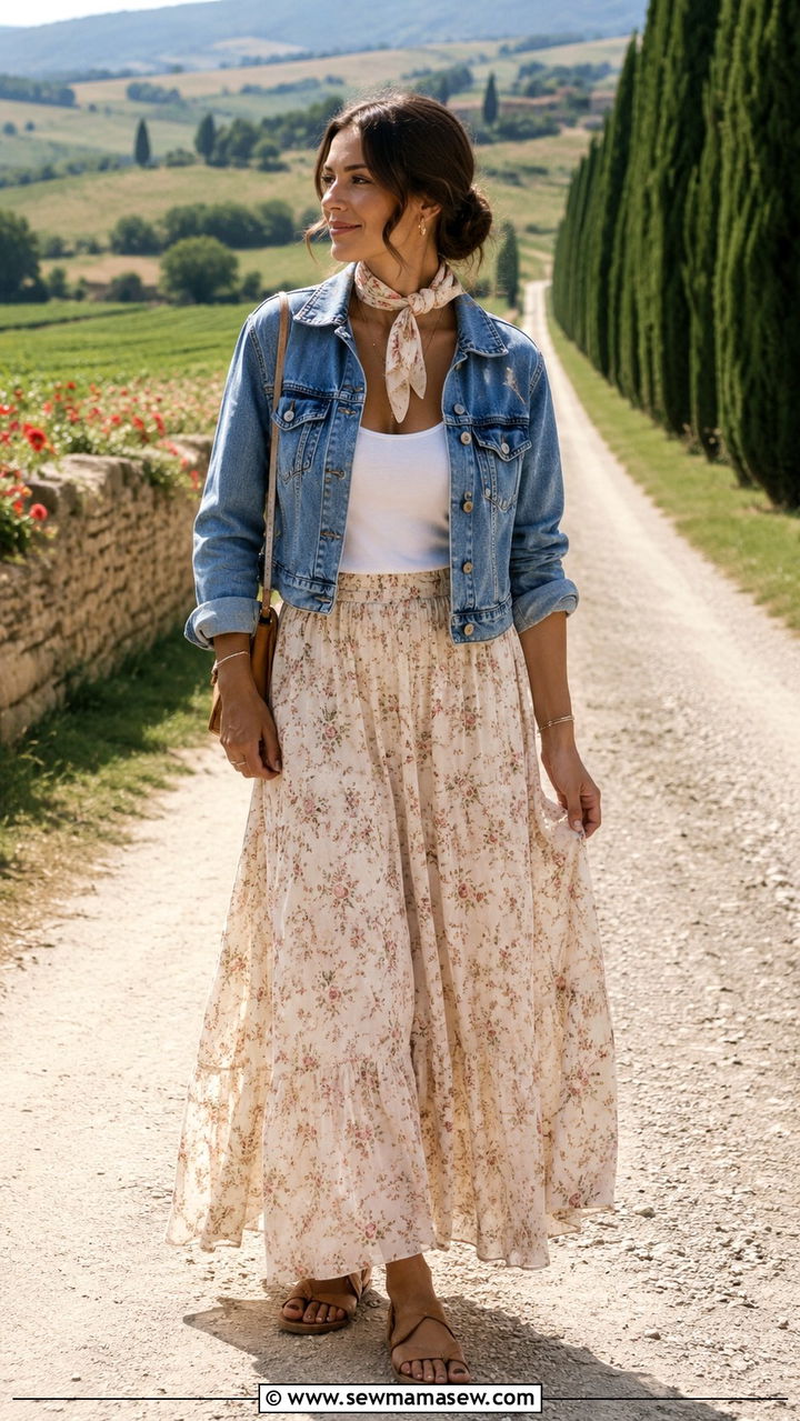Flowy Maxi Skirt And Cropped Denim Jacket - 25 travel outfits aesthetic