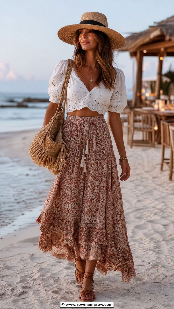 Flowy Maxi Skirt And Raffia Tote - 25 Raffia bag outfit ideas summer