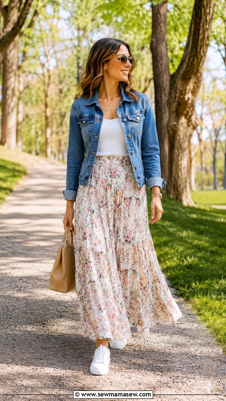 Flowy Maxi Skirt With Denim Jacket - 30 spring skirt outfit ideas