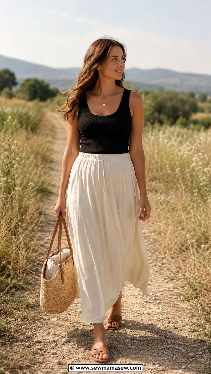 Flowy Maxi Skirt With Fitted Tank - 20 Maternity outfit ideas first trimester