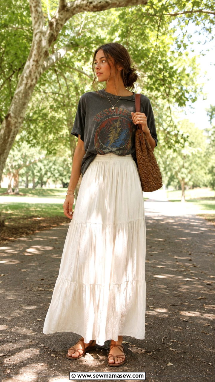 Flowy Maxi Skirt With Oversized Band Tee Outfit - 30 Indie outfit ideas