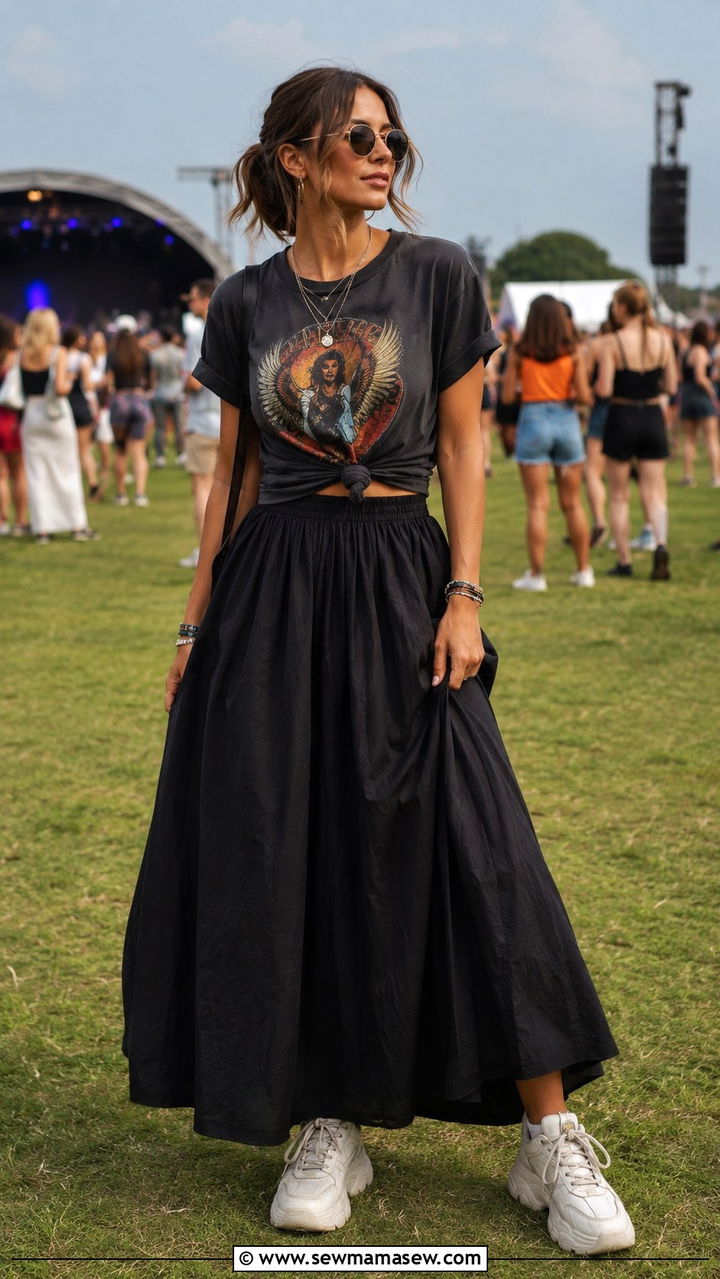 Flowy Maxi Skirt With a Graphic Tee and Chunky Sneakers - 30 sneaker outfits