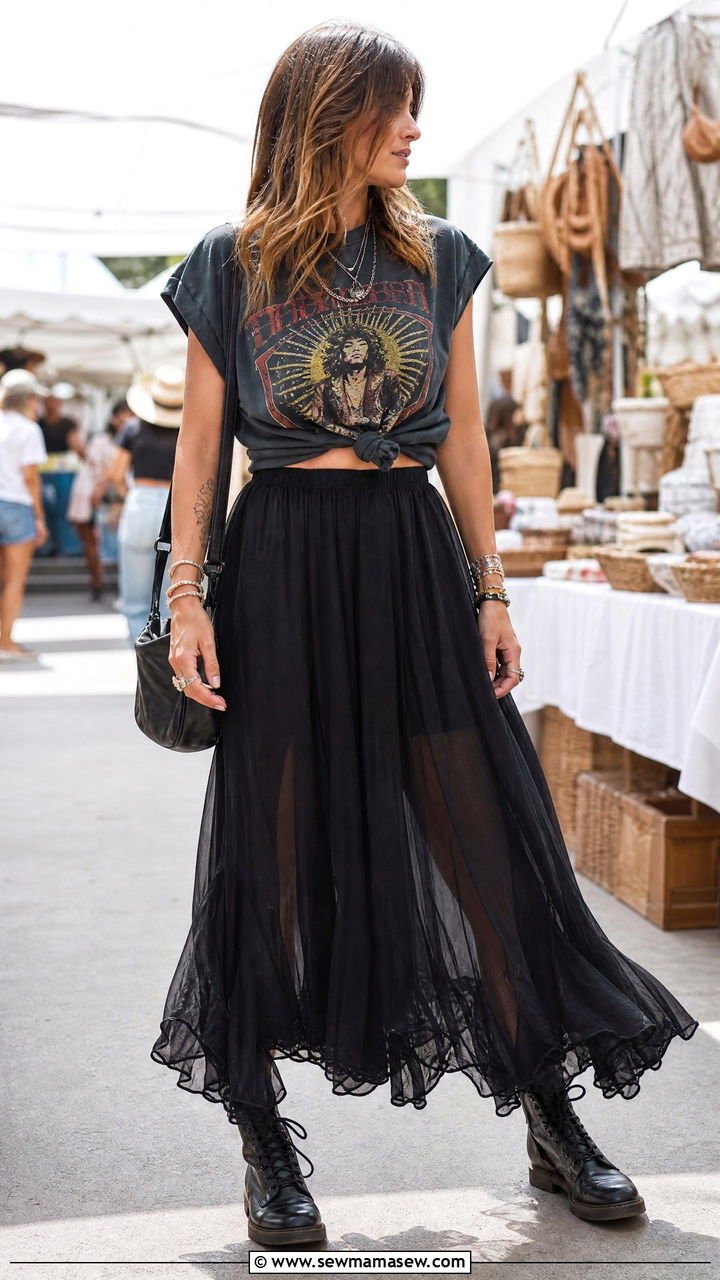 Flowy Maxi Skirt and Band Tee Outfit - 30 summer edgy outfit ideas