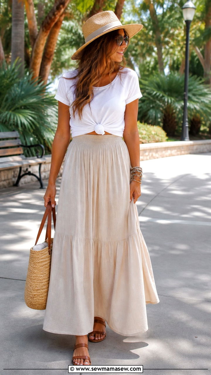 Flowy Maxi Skirt and Knotted Tee with Flat Sandals Outfit - 40 running errands outfit ideas