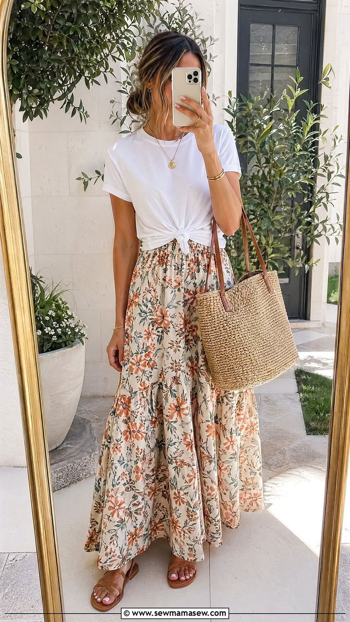 Flowy Maxi Skirt and Knotted Tee with Flat Sandals - 35 errands outfits for women
