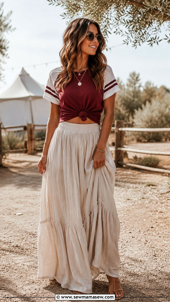 Flowy Maxi Skirt and Team Tee Outfit - 30 NFL game outfit ideas