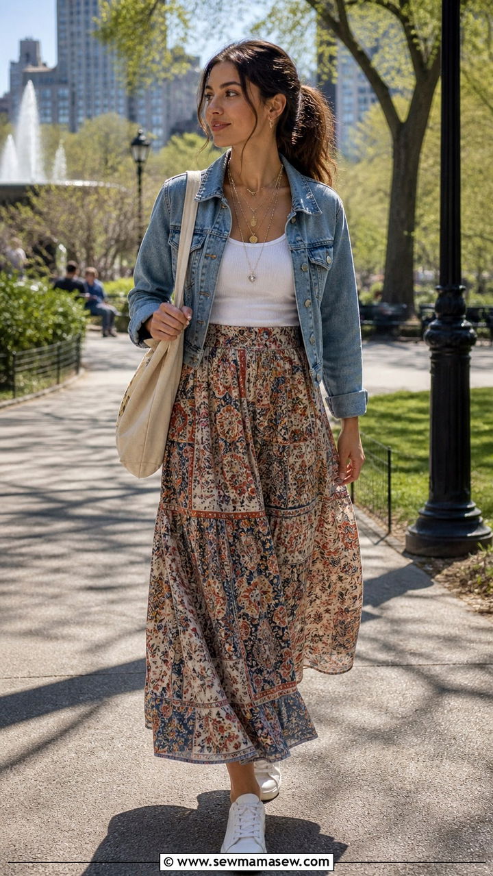 Flowy Maxi Skirt with Denim Jacket - 40 Boho outfit ideas