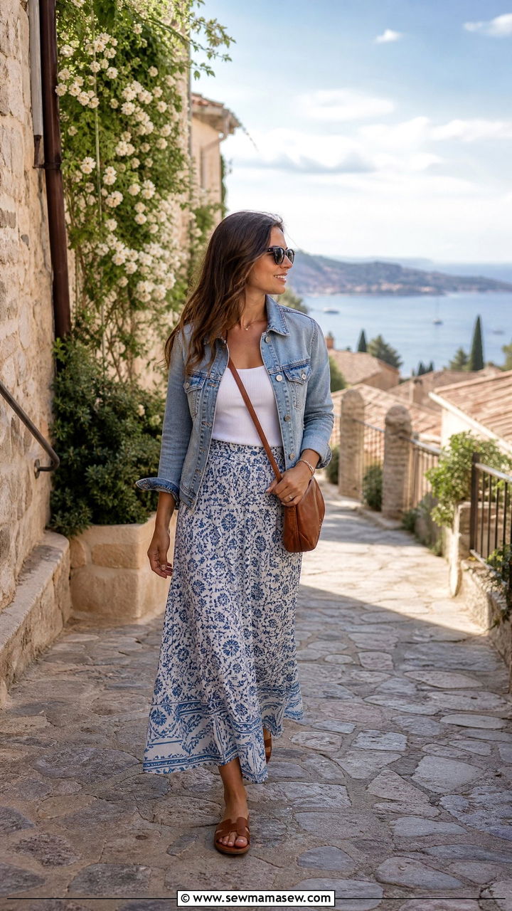 Flowy Maxi Skirt with Fitted Tank and Denim Jacket - 30 French Riviera outfit ideas