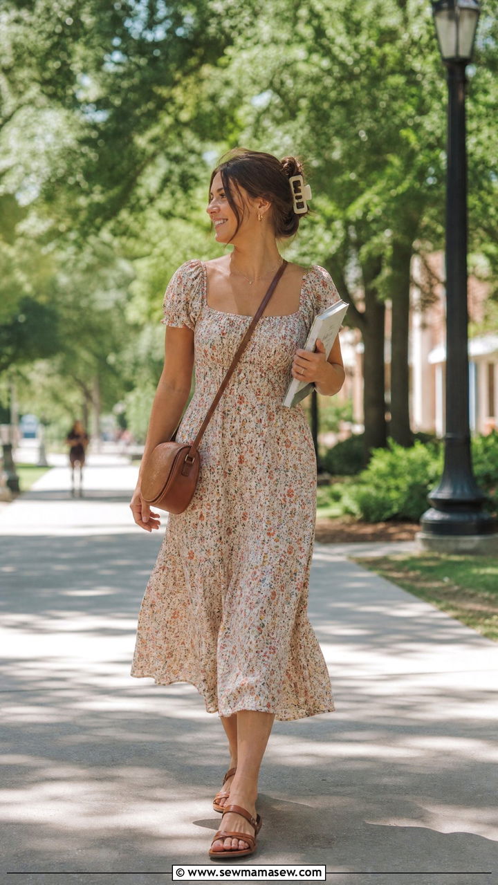 Flowy Midi Dress And Flat Sandals - 30 summer college outfit ideas