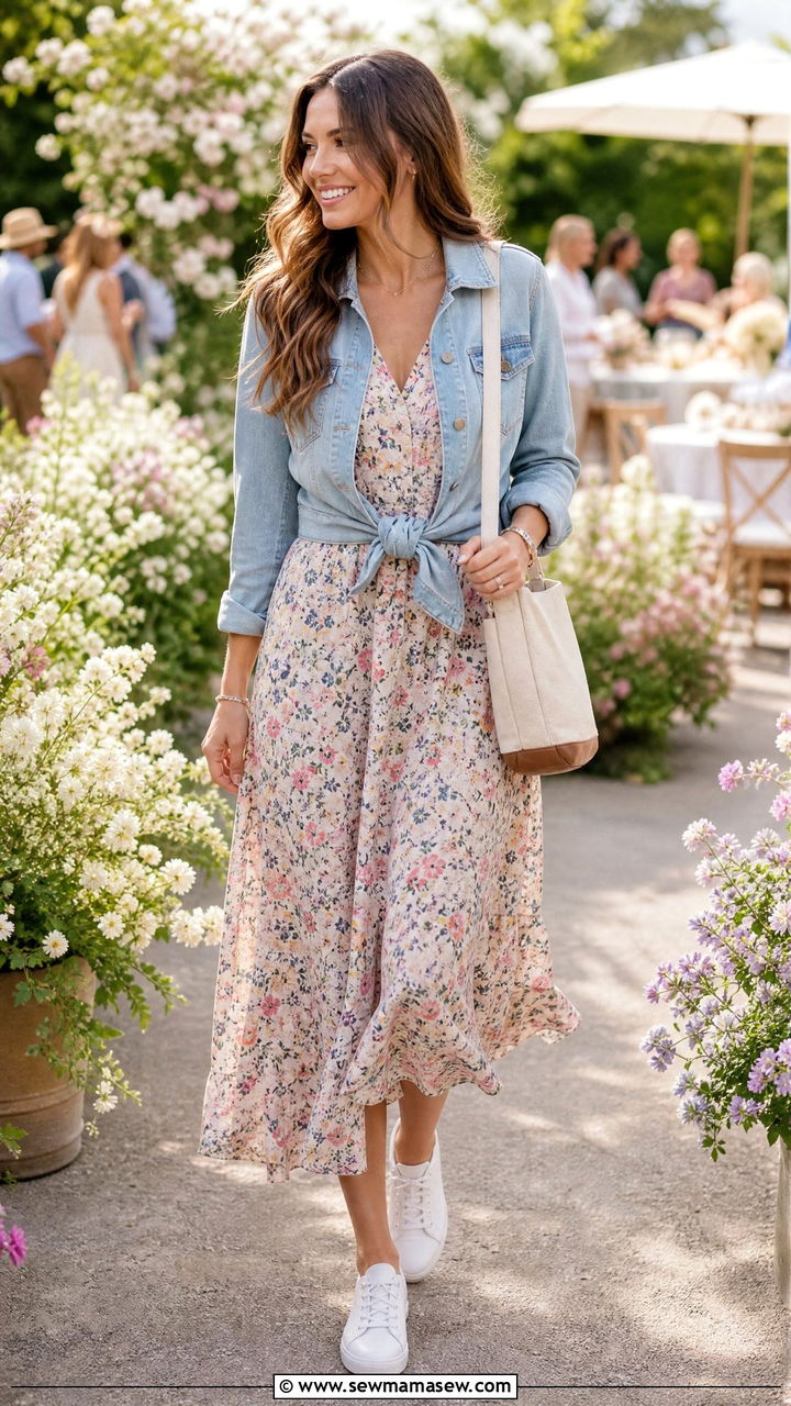 Flowy Midi Dress With A Denim Jacket For Outdoor Event Planners - 30 Event planner outfit ideas
