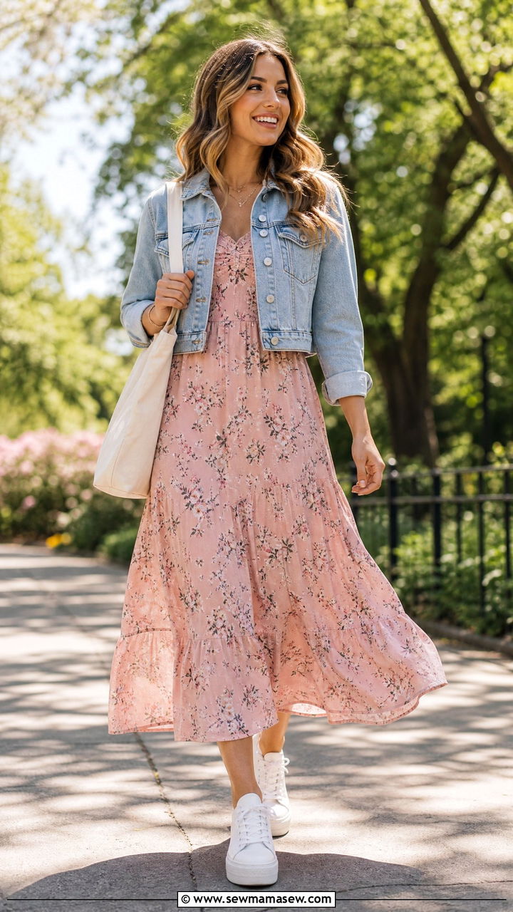 Flowy Midi Dress With A Denim Jacket - 30 Outfit ideas for skinny women