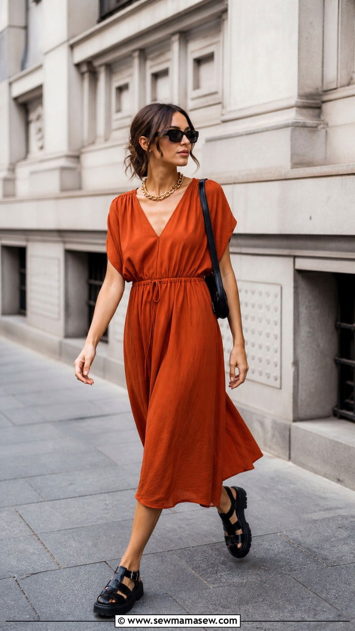 Flowy Midi Dress With Chunky Fisherman Sandals - 40 Summer outfits with sandals