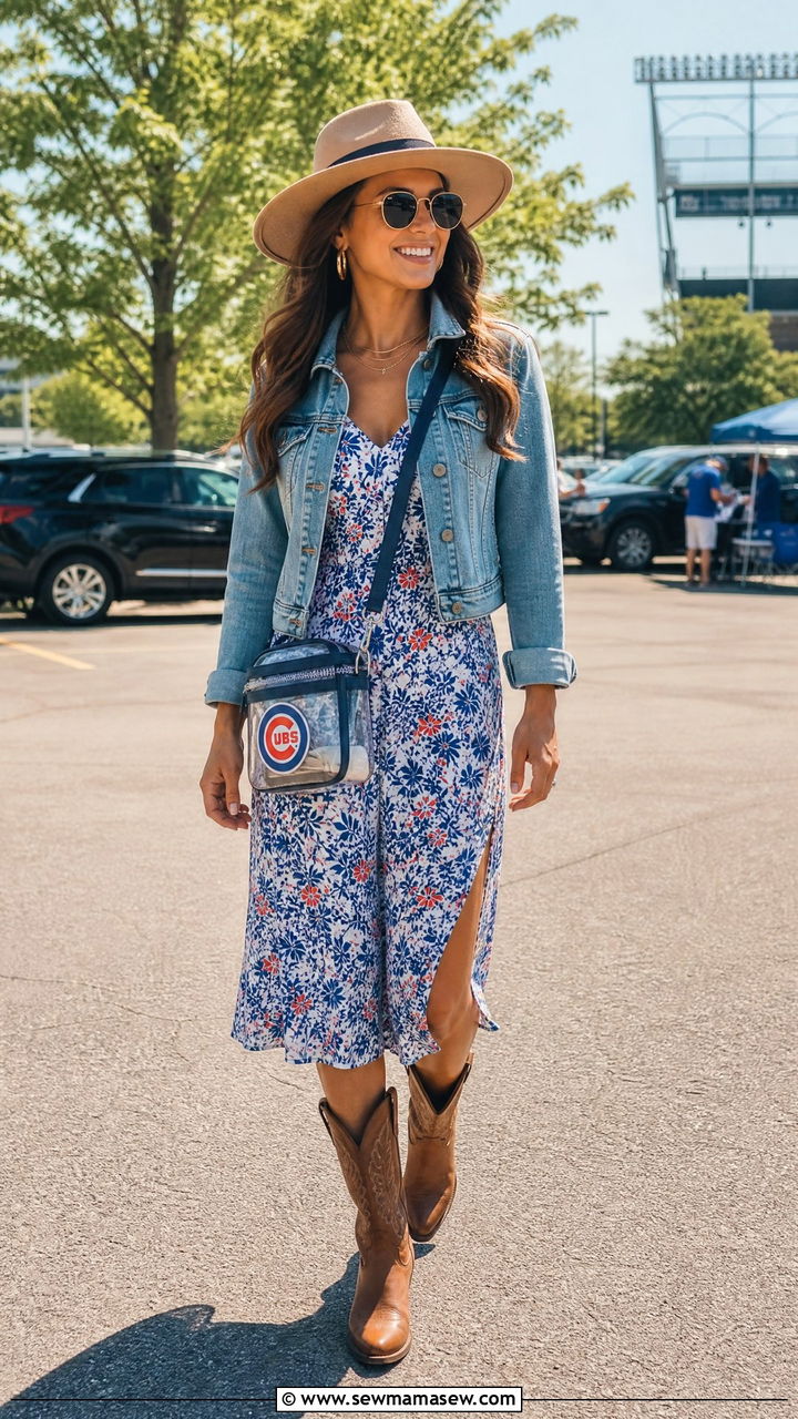 Flowy Midi Dress With Denim Jacket And Western Boots - 35 Gameday outfit ideas 2026