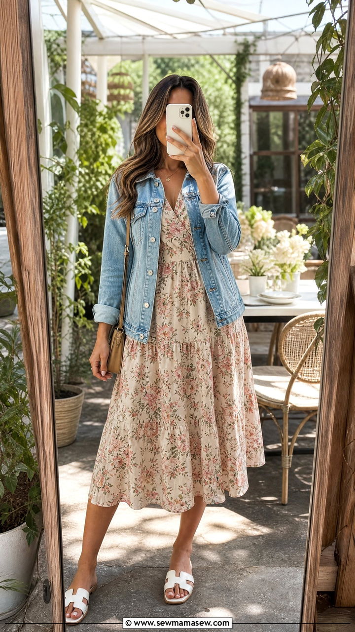 Flowy Midi Dress With Denim Jacket For Brunch - 25 Brunch outfit ideas with friends casual
