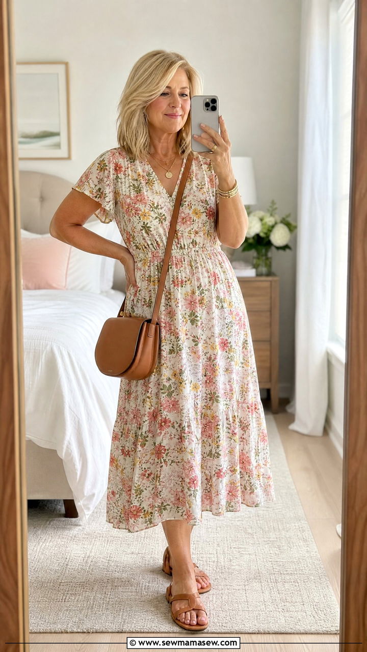 Flowy Midi Dress With Flat Sandals - 30 Summer capsule wardrobe over 50