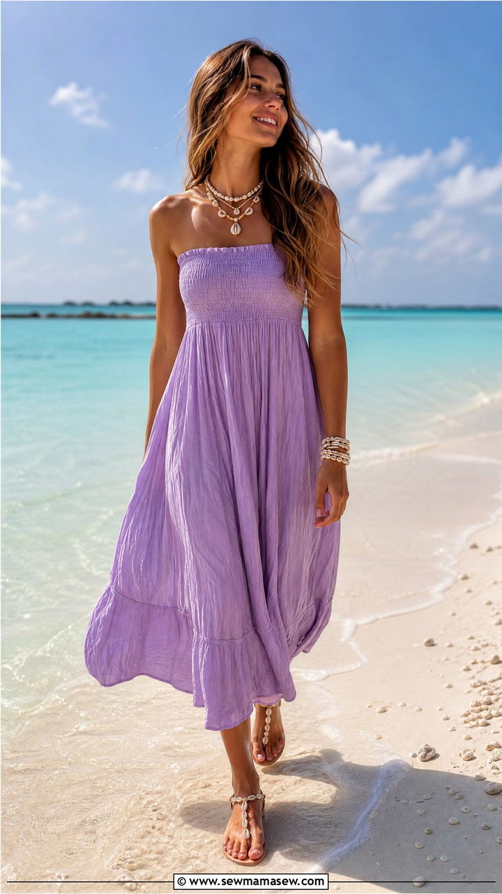 Flowy Midi Dress With Flat Sandals And Shell Jewelry - 35 Maldives vacation outfit ideas
