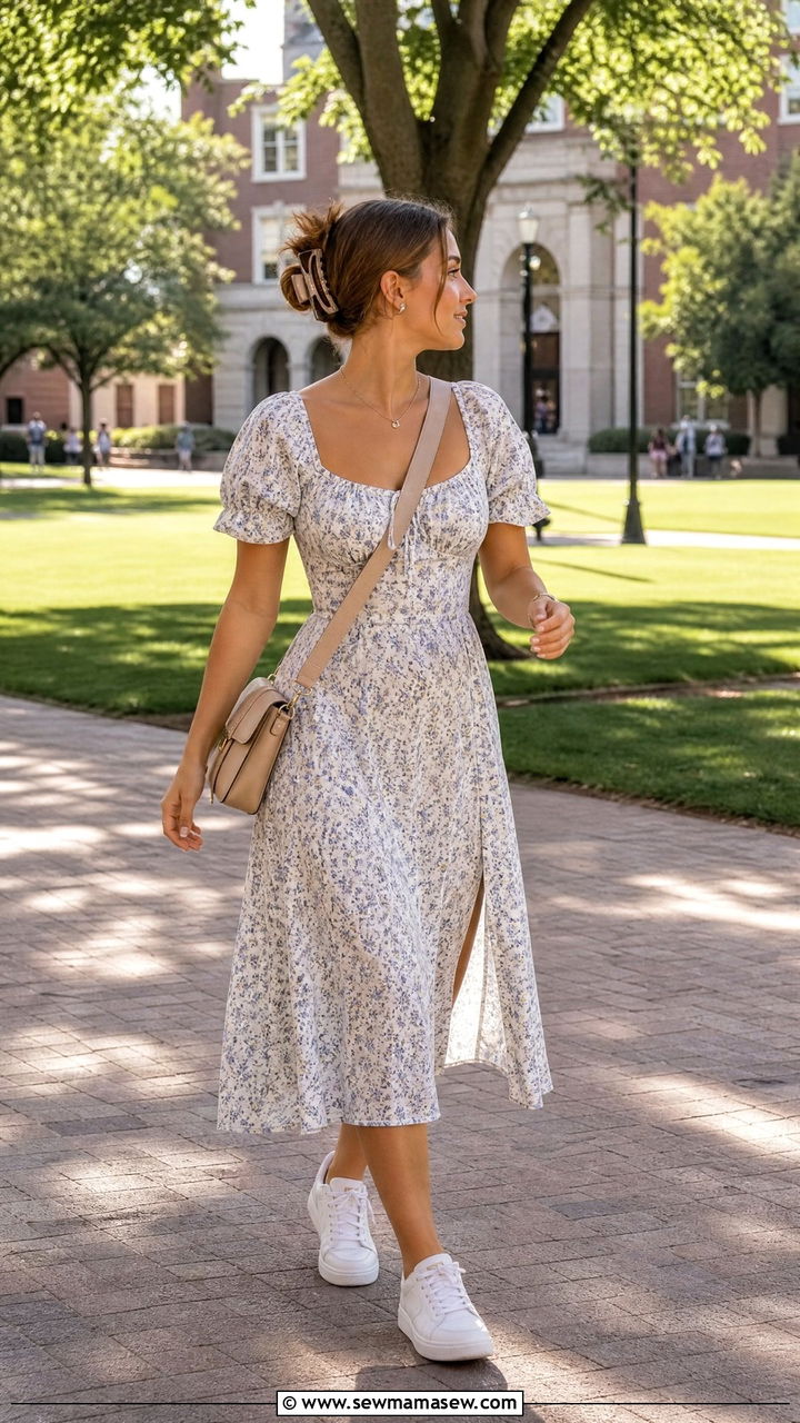 Flowy Midi Dress With Sneakers Outfit - 30 College move in day outfit ideas