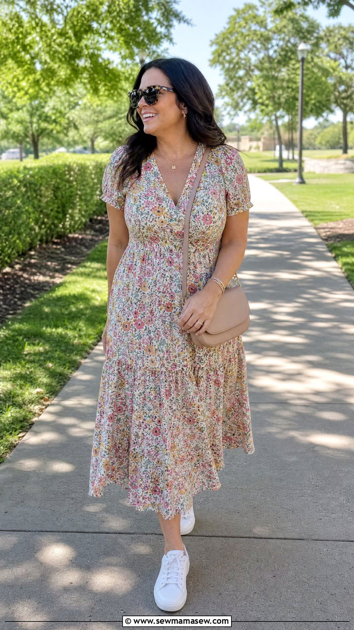 Flowy Midi Dress With White Sneakers - 35 Midsize summer outfit ideas