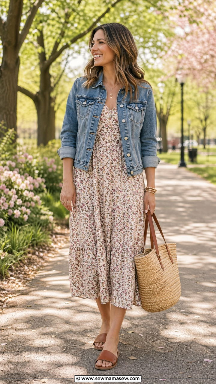 Flowy Midi Dress and Denim Jacket Outfit - 35 Cool mom outfit ideas