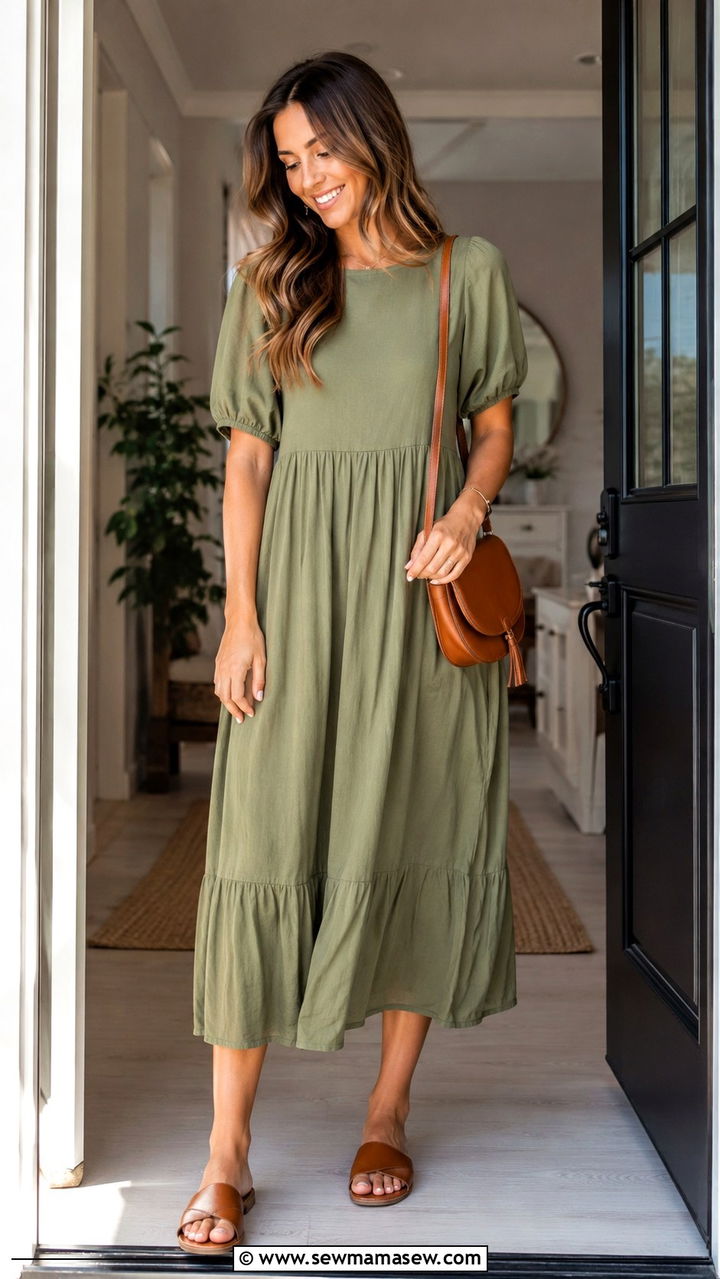 Flowy Midi Dress and Flat Slides - 30 Outfit ideas for stay at home moms