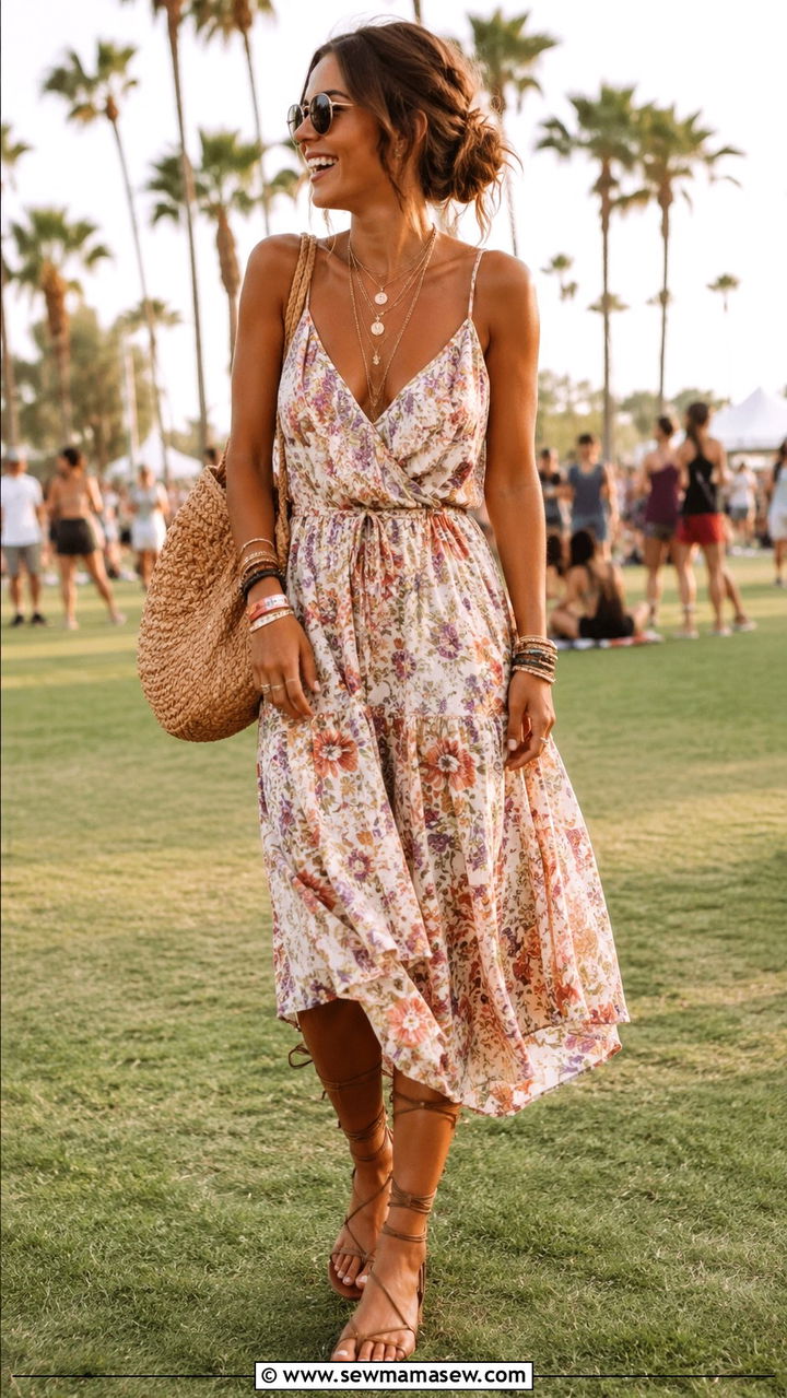 Flowy Midi Dress and Gladiator Sandals Outfit - 30 chic music festival outfits for women