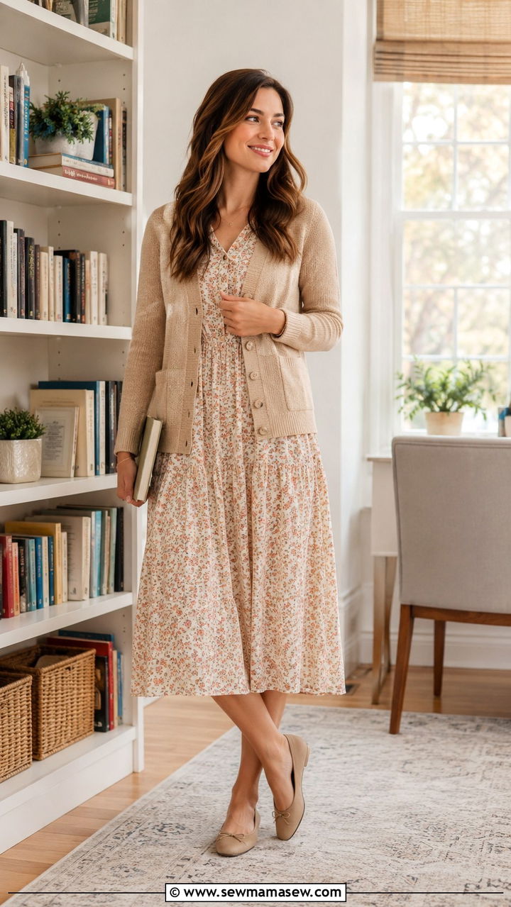 Flowy Midi Dress and Structured Cardigan - 30 cute teacher outfits
