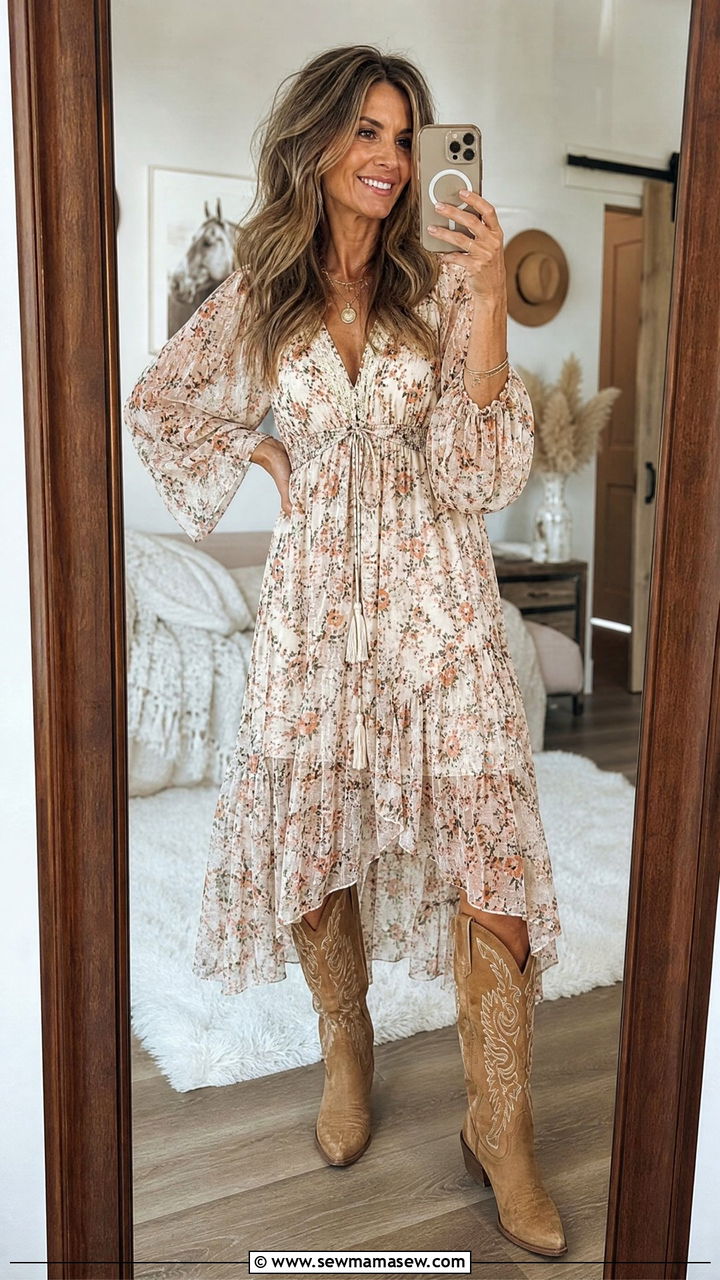 Flowy Midi Dress with Cowboy Boots - 30 Concert outfit ideas for women over 40