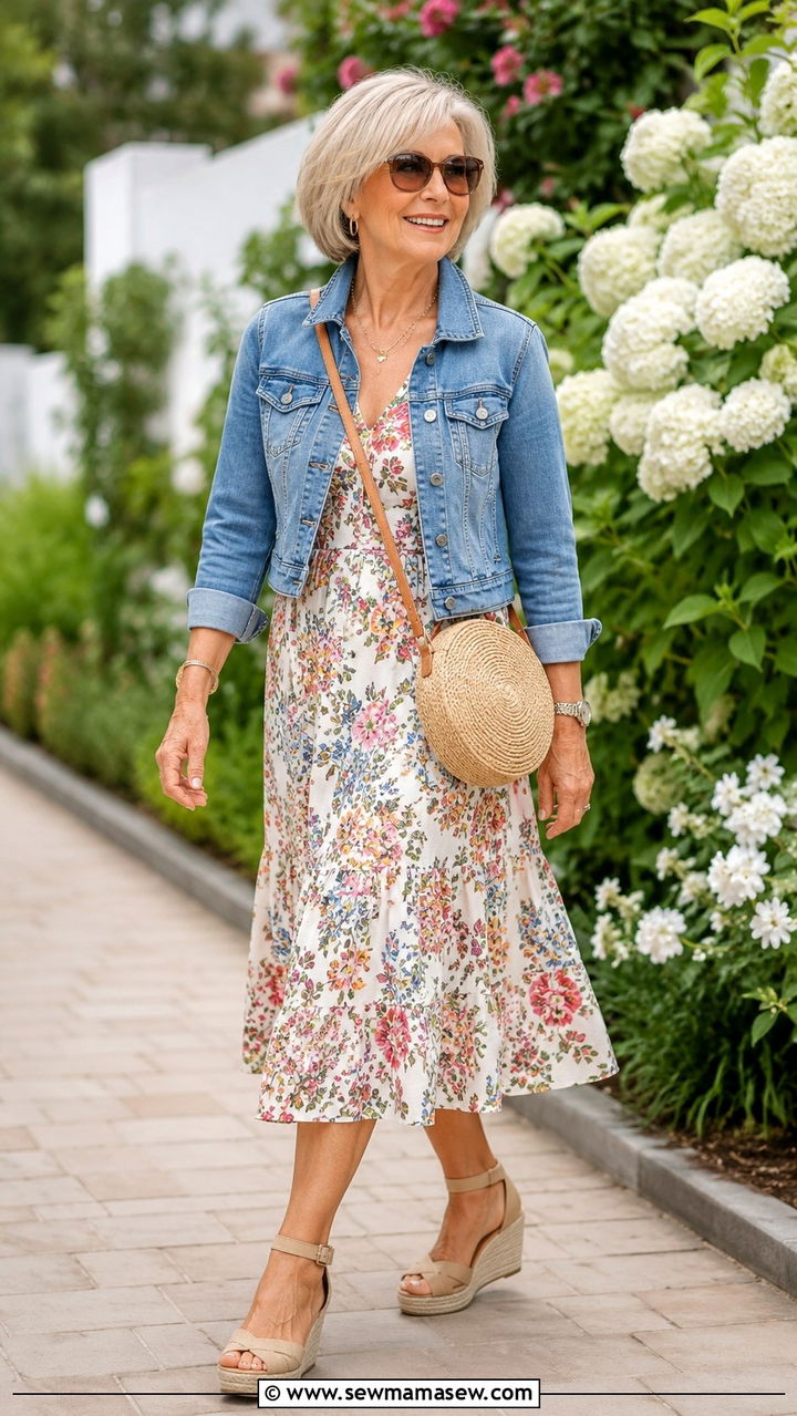 Flowy Midi Dress with Cropped Denim Jacket - 20 Iconic outfits for women over 60