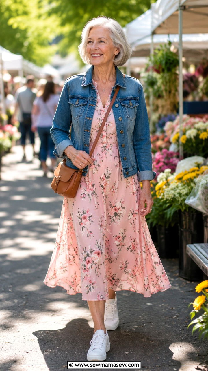Flowy Midi Dress with Denim Jacket - 30 Outfit ideas for boomer women