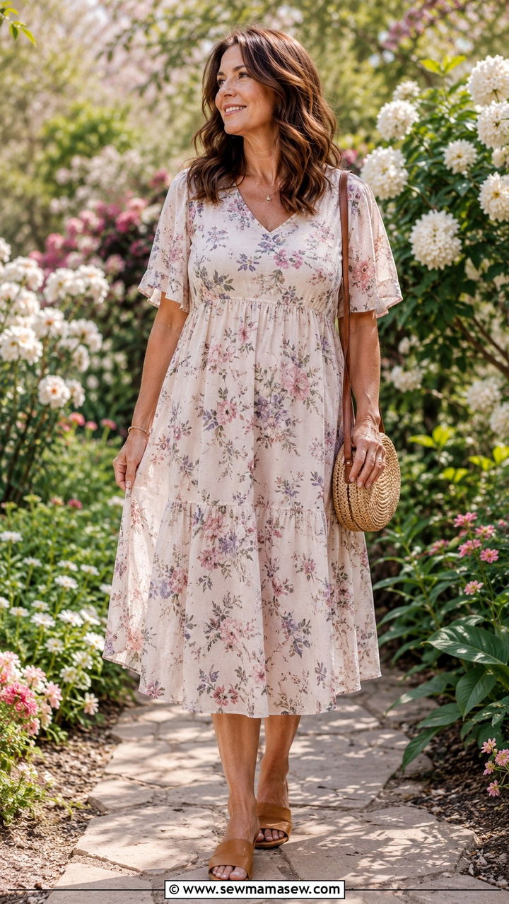 Flowy Midi Dress with Empire Seam - 20 Outfit ideas for menopause belly