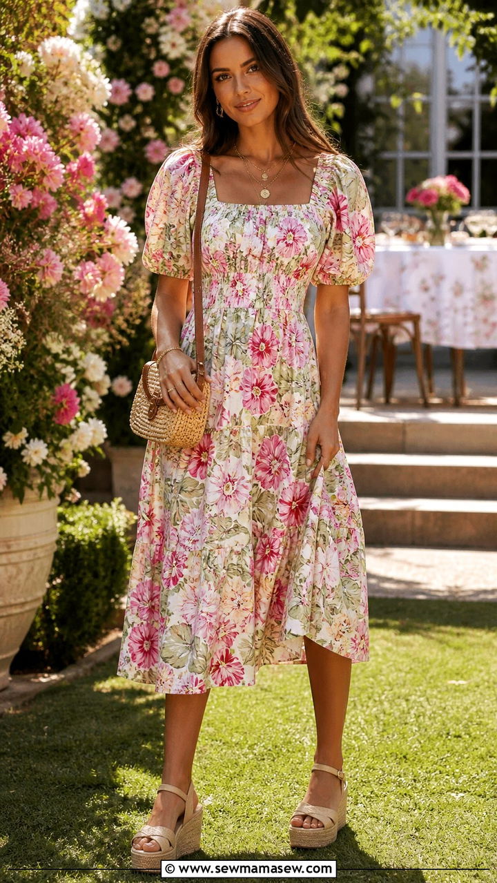 Flowy Midi Dress with Espadrille Wedges - 40 Chic summer outfits