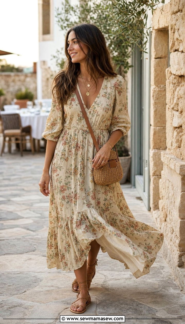 Flowy Midi Dress with Flat Sandals - 35 casual dinner outfits