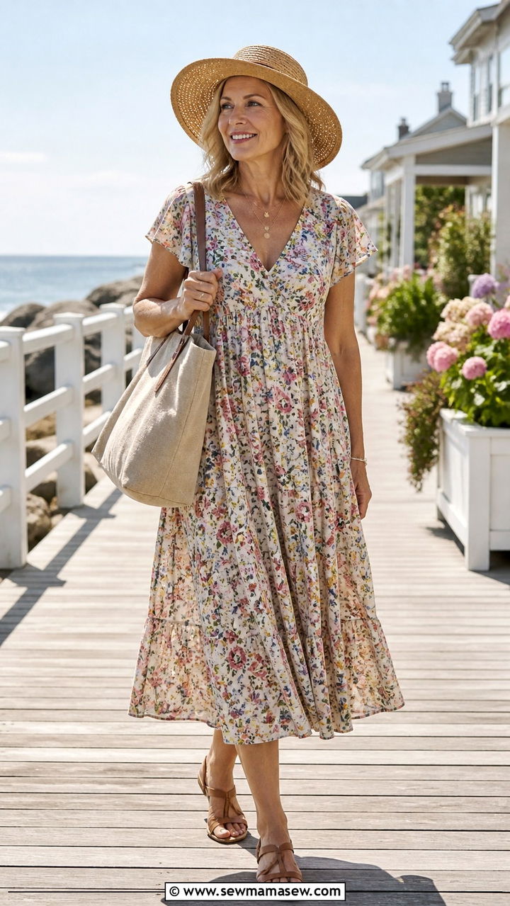 Flowy Midi Dress with Flat Sandals - 20 55 year old woman outfit ideas