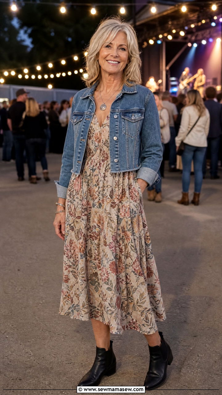 Flowy Midi Dress with Low Heel Ankle Boots - 30 Concert outfits for women over 50