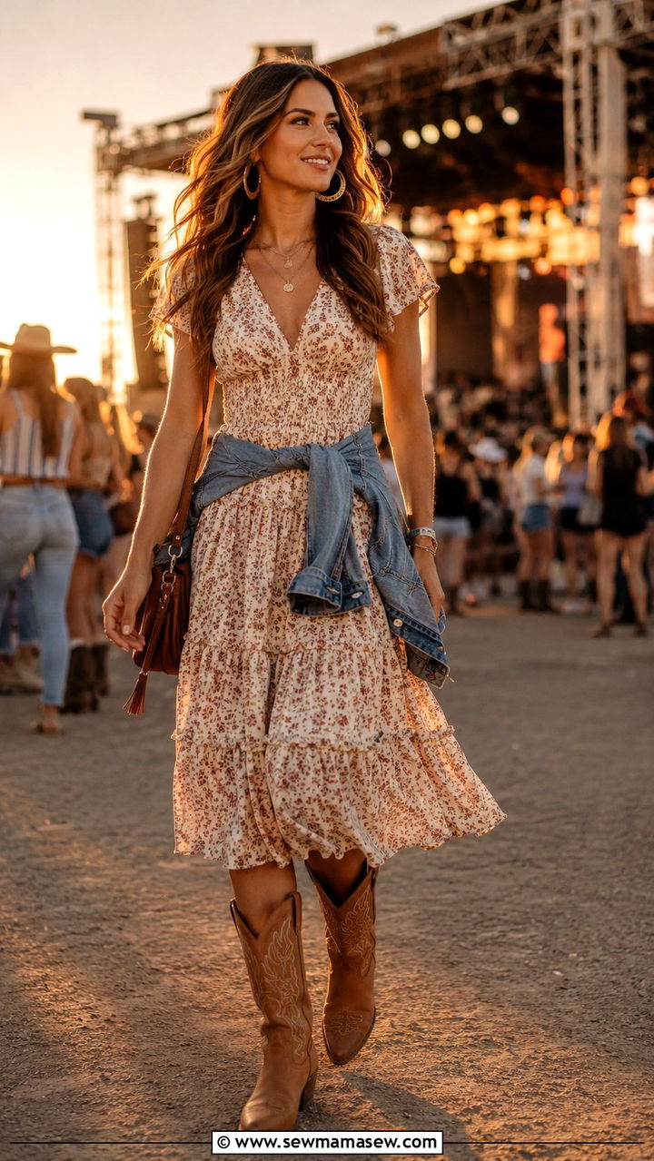 Flowy Midi Dress with Tan Boots - 30 casual country concert outfits
