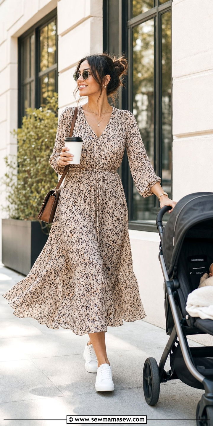 Flowy Midi Dress with White Sneakers - 25 classy outfits for new moms