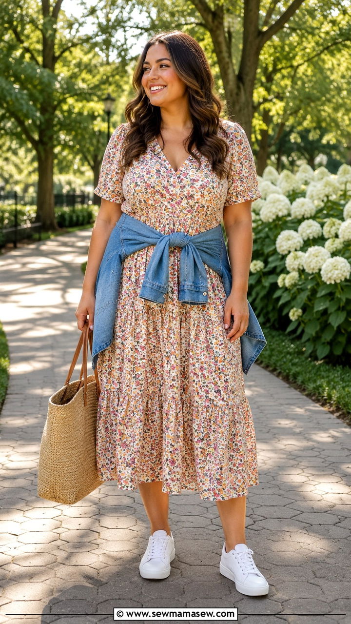 Flowy Midi Dress with White Sneakers Outfit - 30 casual outfits for midsize women