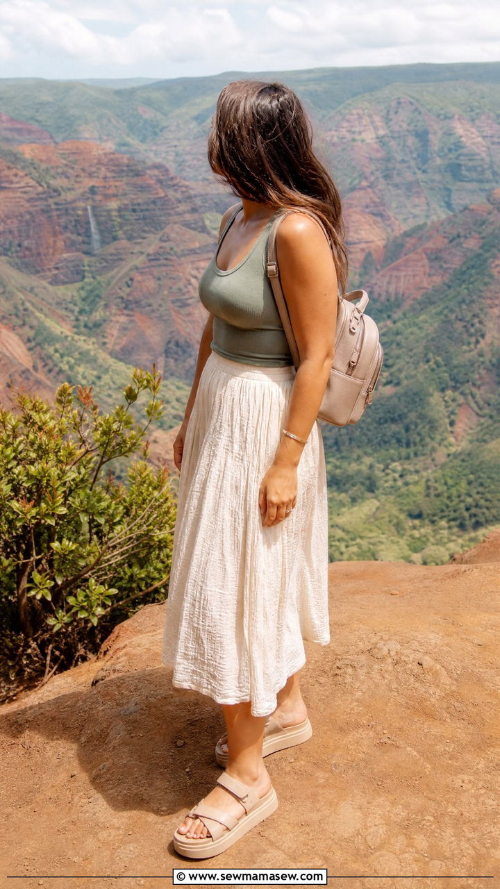 Flowy Midi Skirt And Simple Tank Top For Kauai Sightseeing - 25 Kauai outfit ideas