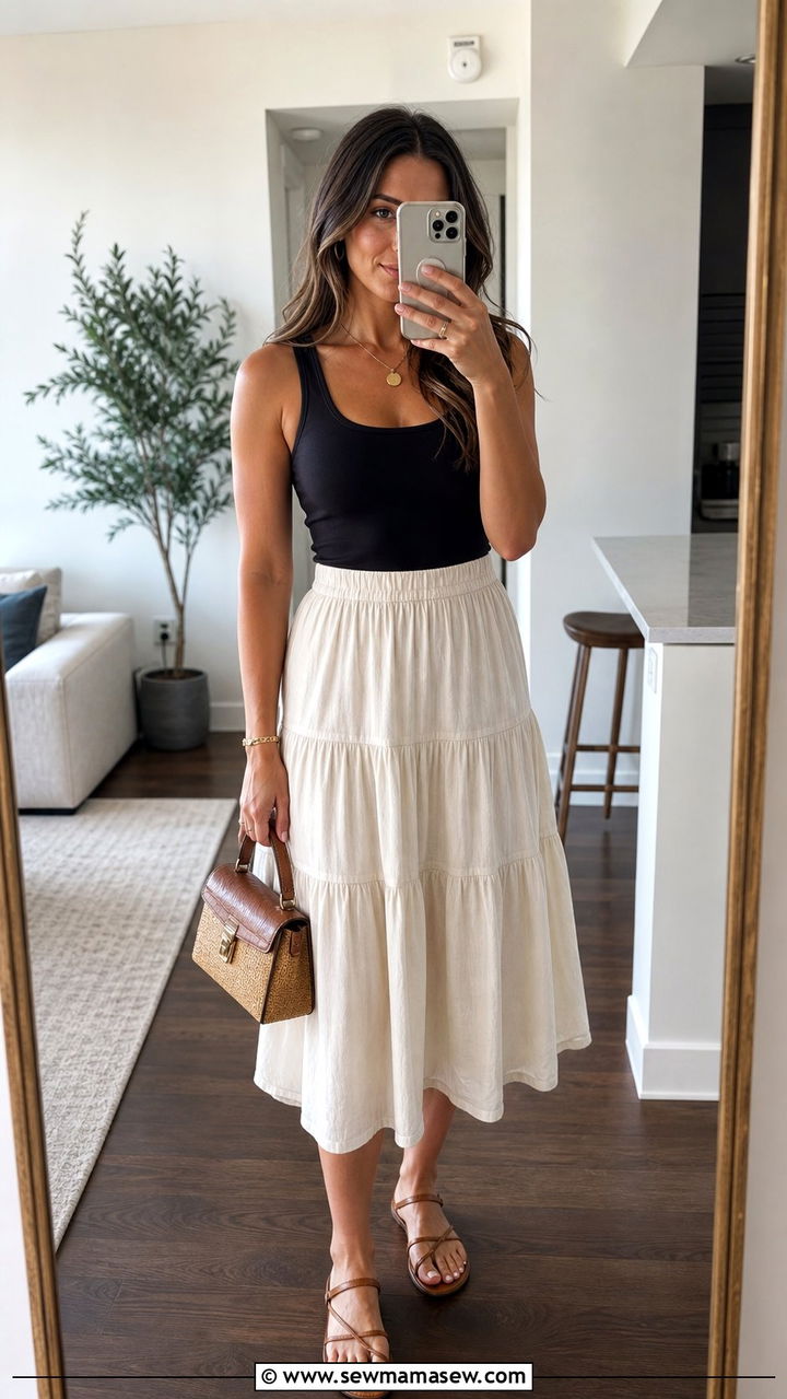 Flowy Midi Skirt With Fitted Tank Top - 25 Summer outfits for inverted triangle shape