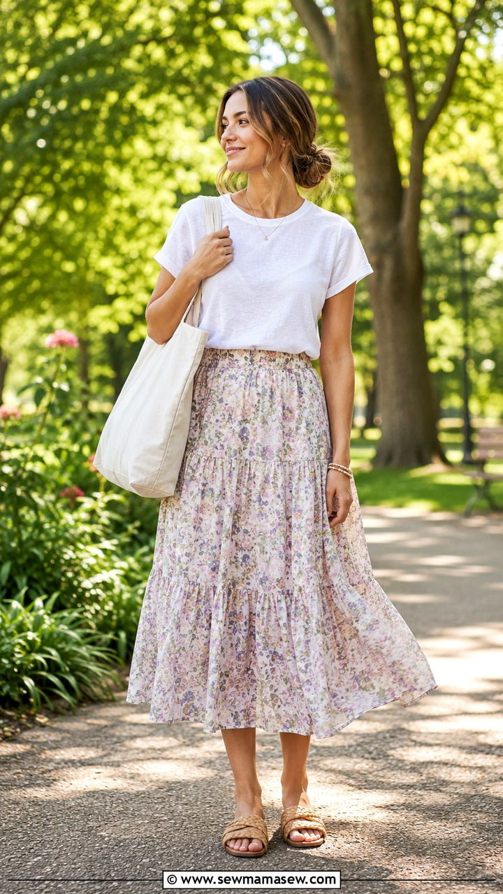 Flowy Midi Skirt With Tucked In Lightweight Tee - 20 Summer outfits for 80 degree weather