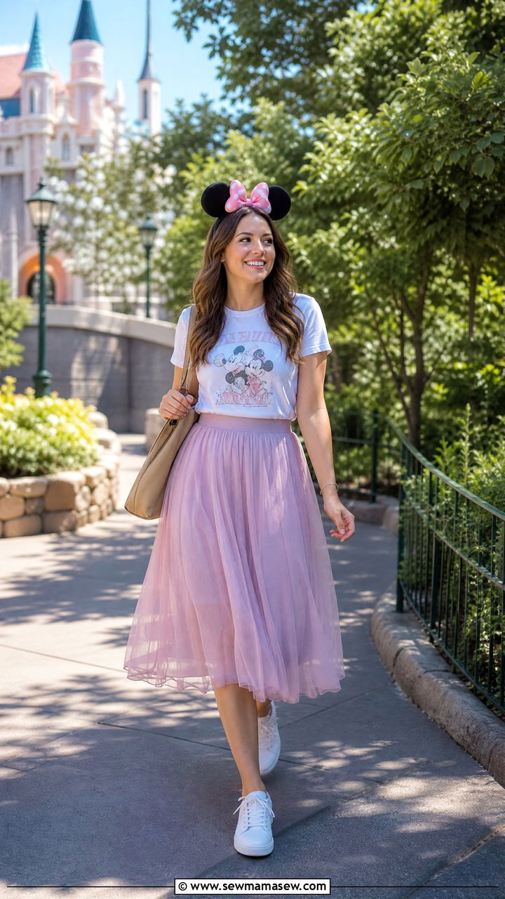 Flowy Midi Skirt and Fitted Tee Outfit - 40 Disneyland outfit ideas
